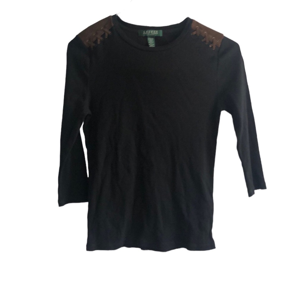 Ralph Lauren Women’s Black Ribbed Sweater w/Brown Suede Shoulder Accents